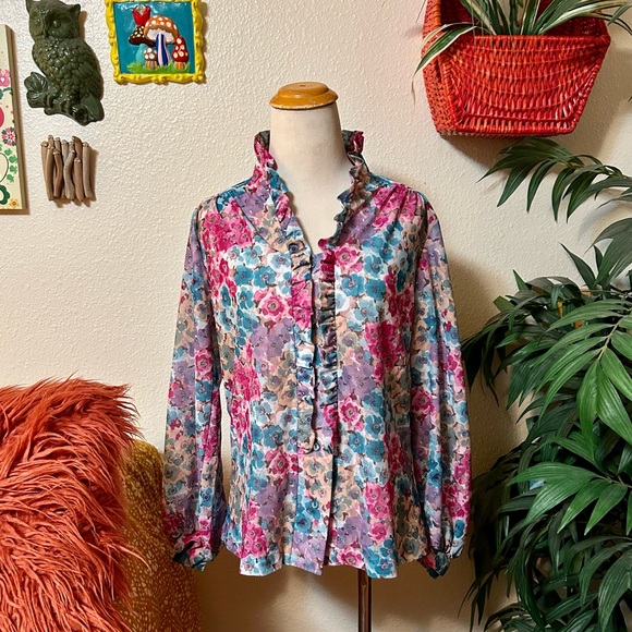 70s vintage Teddy of California floral polyester button down blouse - Picture 1 of 11
